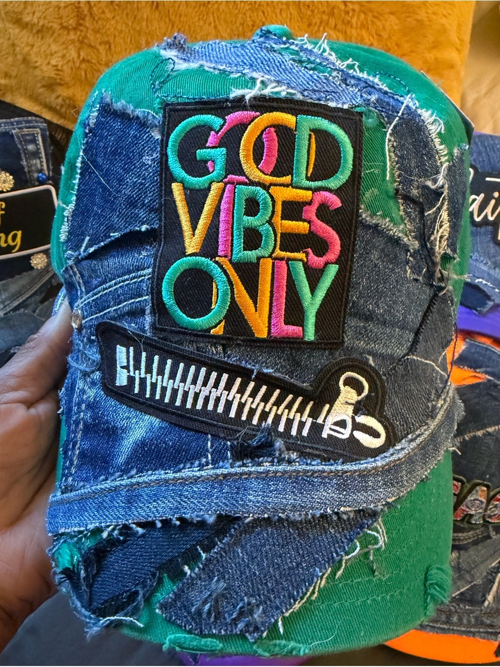 Custom Good Vibes Only Green Patchwork Denim Jeans Cap